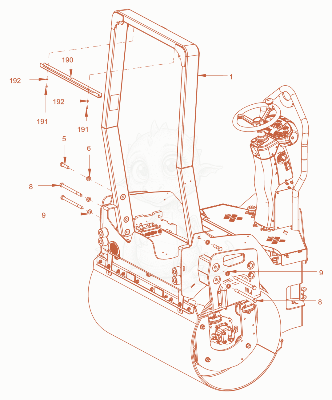 Exploded parts diagram of the rigid roll over protection of a Wacker Neuson RD28-120CDPF, with numbered balloons