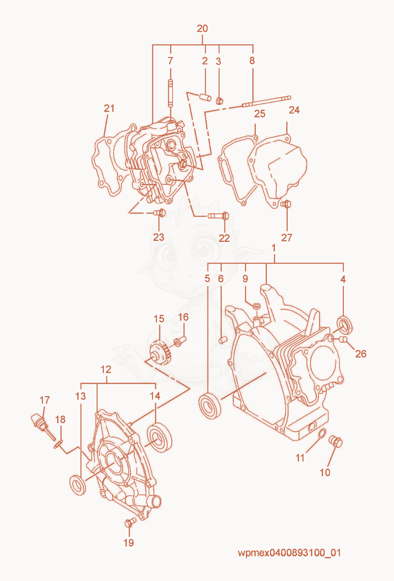 Despiece del Crankcase de una máquina Wacker Neuson RS600, con globos numerados