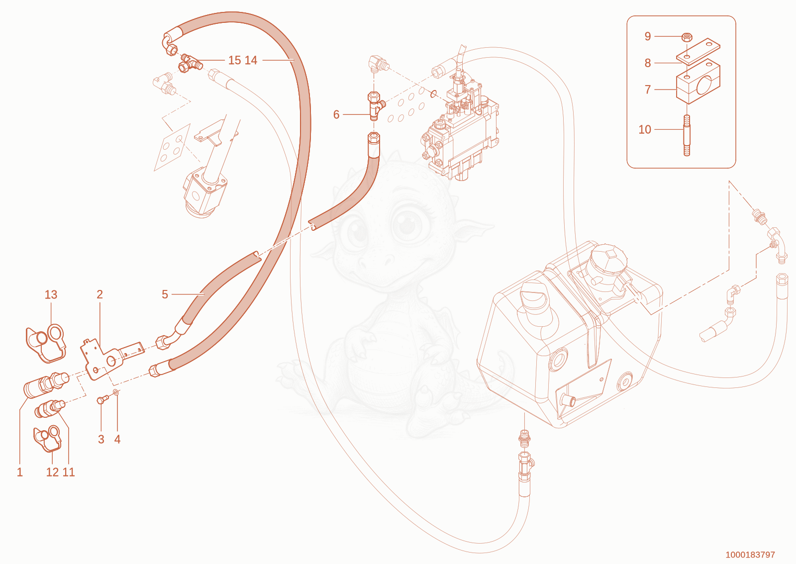Exploded parts diagram of the reflux line of a Wacker Neuson 1150, with numbered balloons