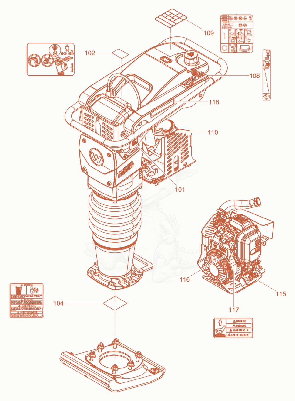 Exploded parts diagram of the Labels of a Wacker Neuson BS65-4AS11IN, with numbered balloons