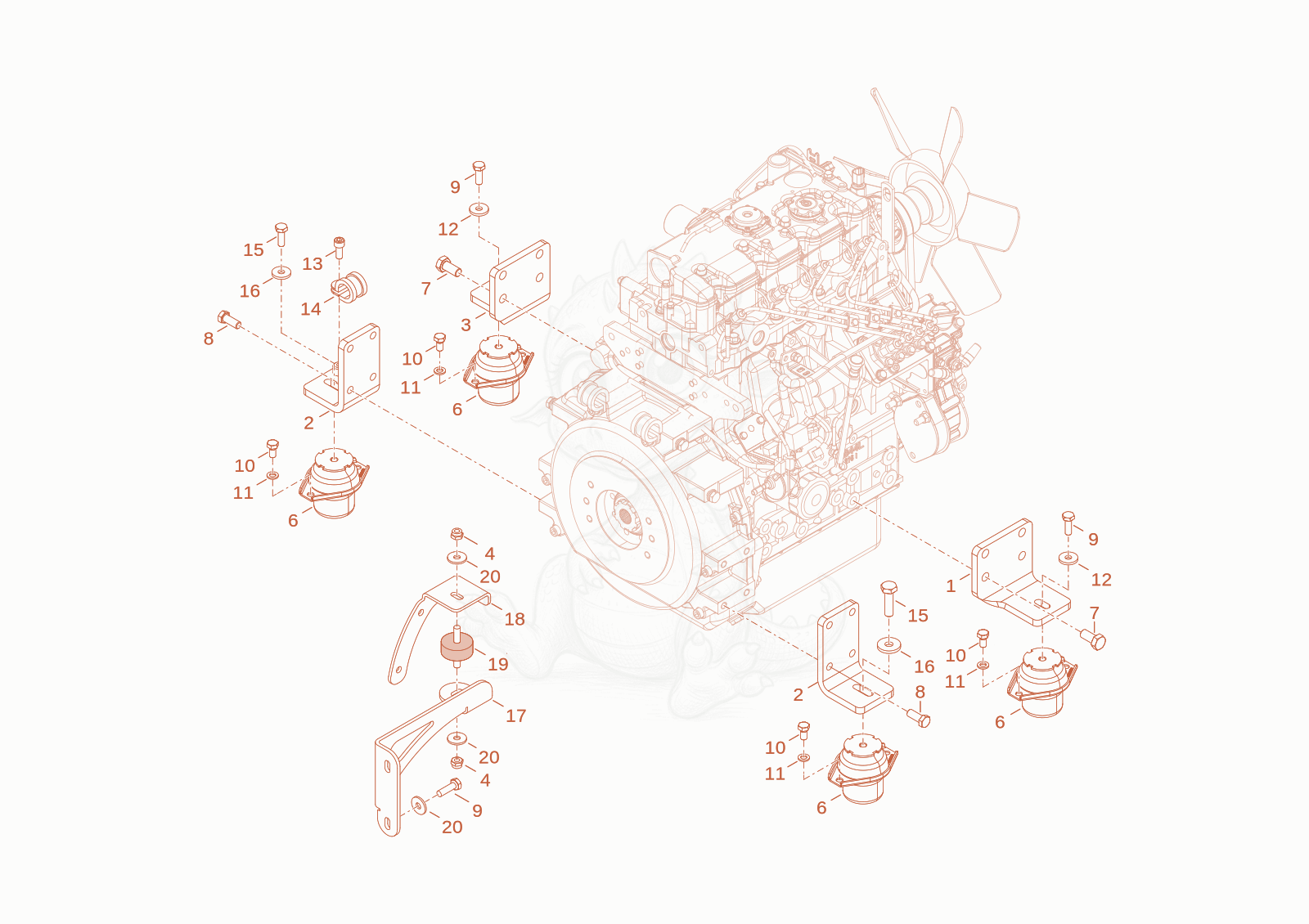 Exploded parts diagram of the Engine bedding of a Wacker Neuson TH522STAGEV, with numbered balloons