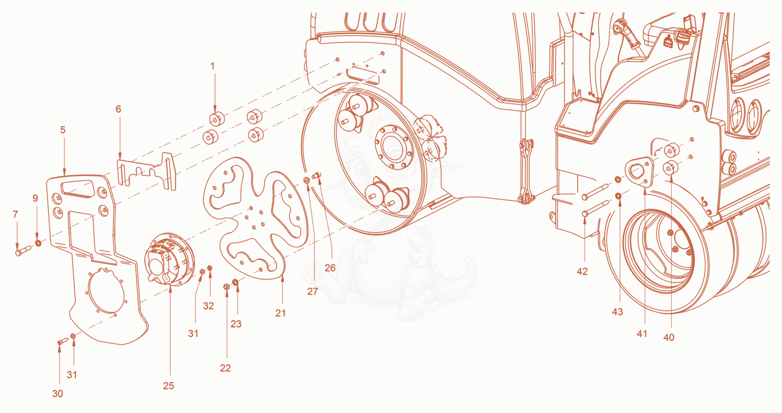 Exploded parts diagram of the suspension (tires) of a Wacker Neuson RD24-100C, with numbered balloons