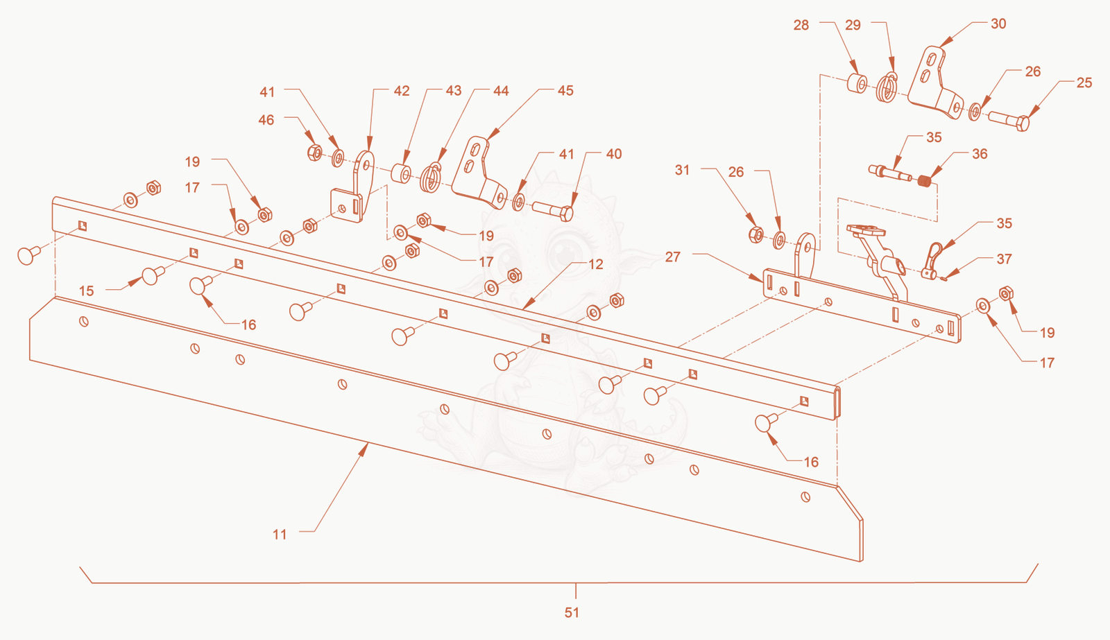 Exploded parts diagram of the scraper of a Wacker Neuson RD45-140C, with numbered balloons