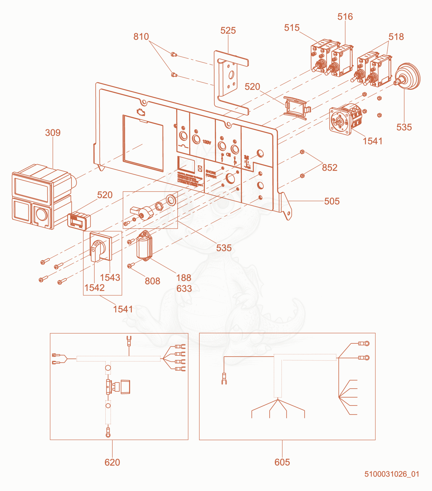 Exploded parts diagram of the Option-Control Panel, Power Winch/Shore Power of a Wacker Neuson LTV6L, with numbered balloons
