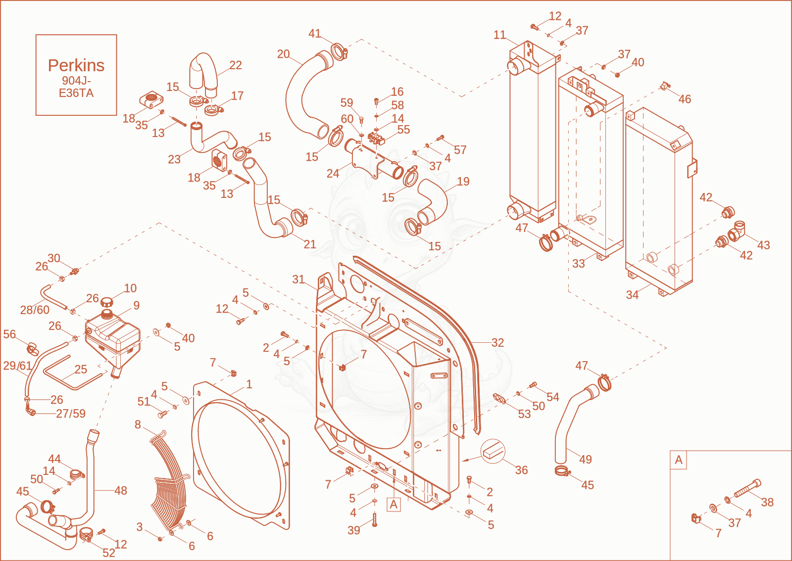Exploded parts diagram of the combicooler (option) of a Wacker Neuson ET145, with numbered balloons