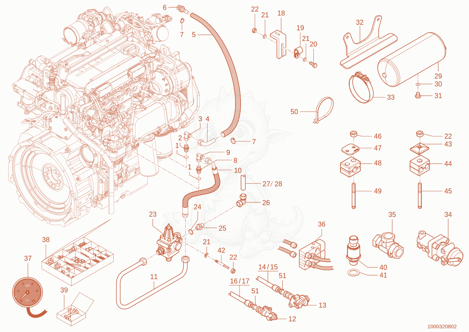 Exploded parts diagram of the Compressed air brake of a Wacker Neuson TH955(416-06), with numbered balloons