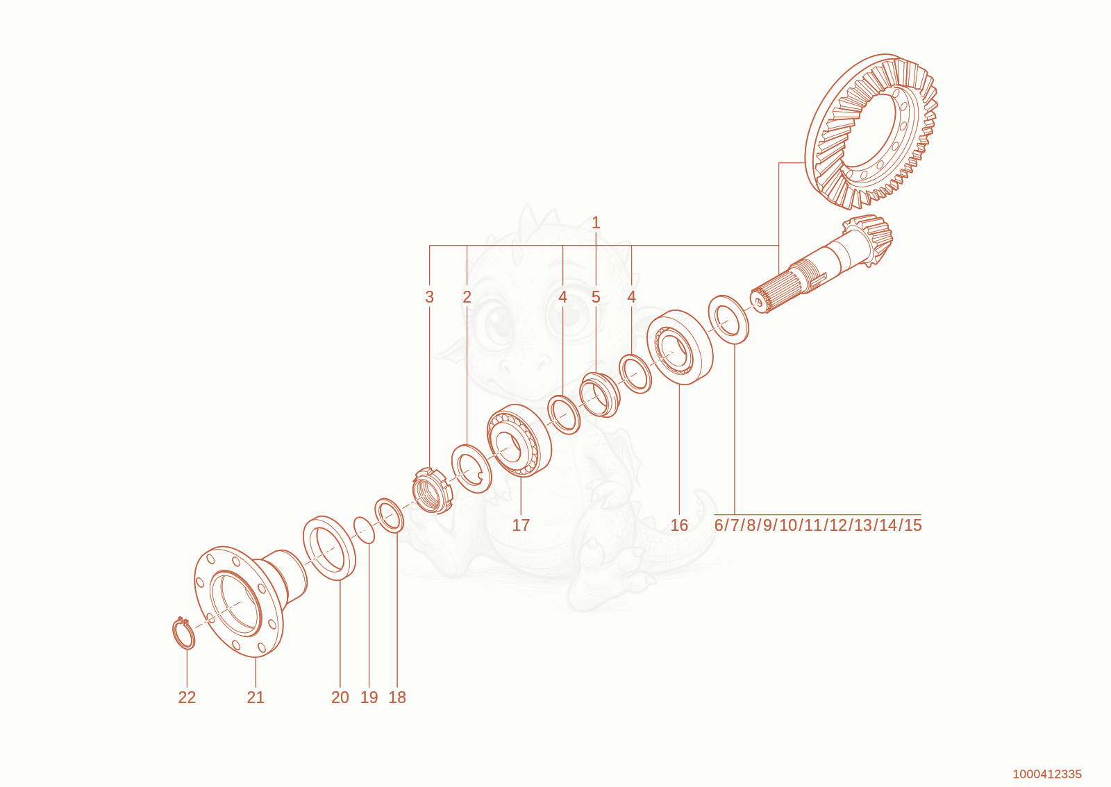 Exploded parts diagram of the angle drive of a Wacker Neuson WL110(WRL90-05), with numbered balloons