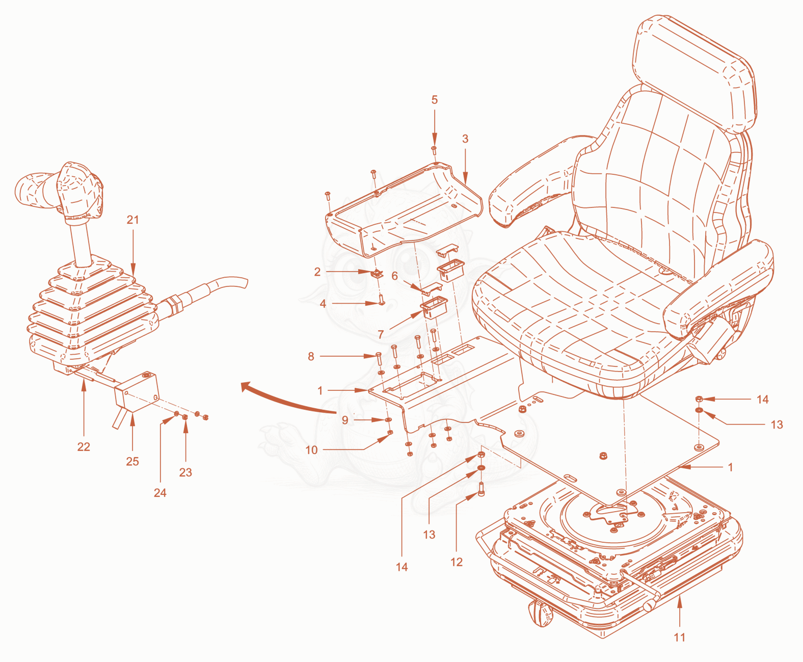 Exploded parts diagram of the operator's seat withadjustment of a Wacker Neuson RC70DPFROPS, with numbered balloons