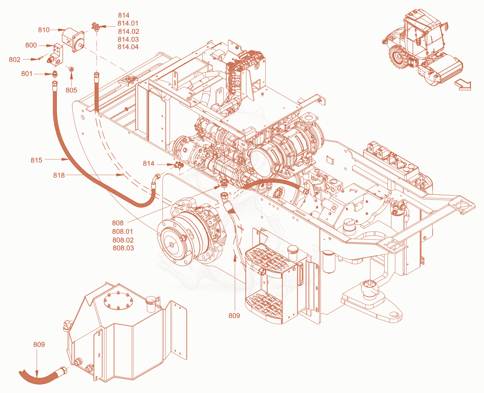 Exploded parts diagram of the cooling (engine/hydraulic oil) of a Wacker Neuson RC70DPFCAB, with numbered balloons
