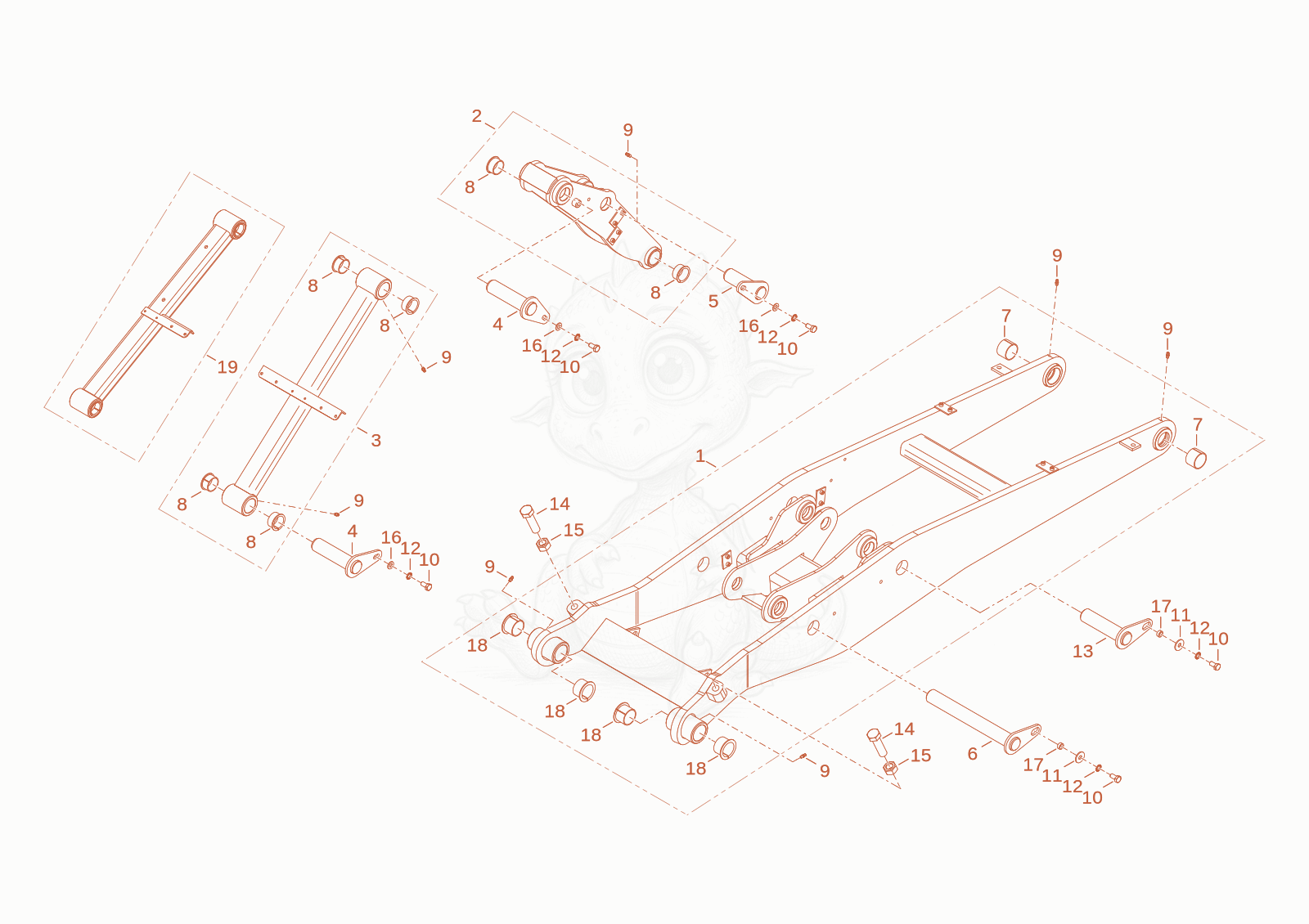 Exploded parts diagram of the loading system/armsystem of a Wacker Neuson WL20, with numbered balloons