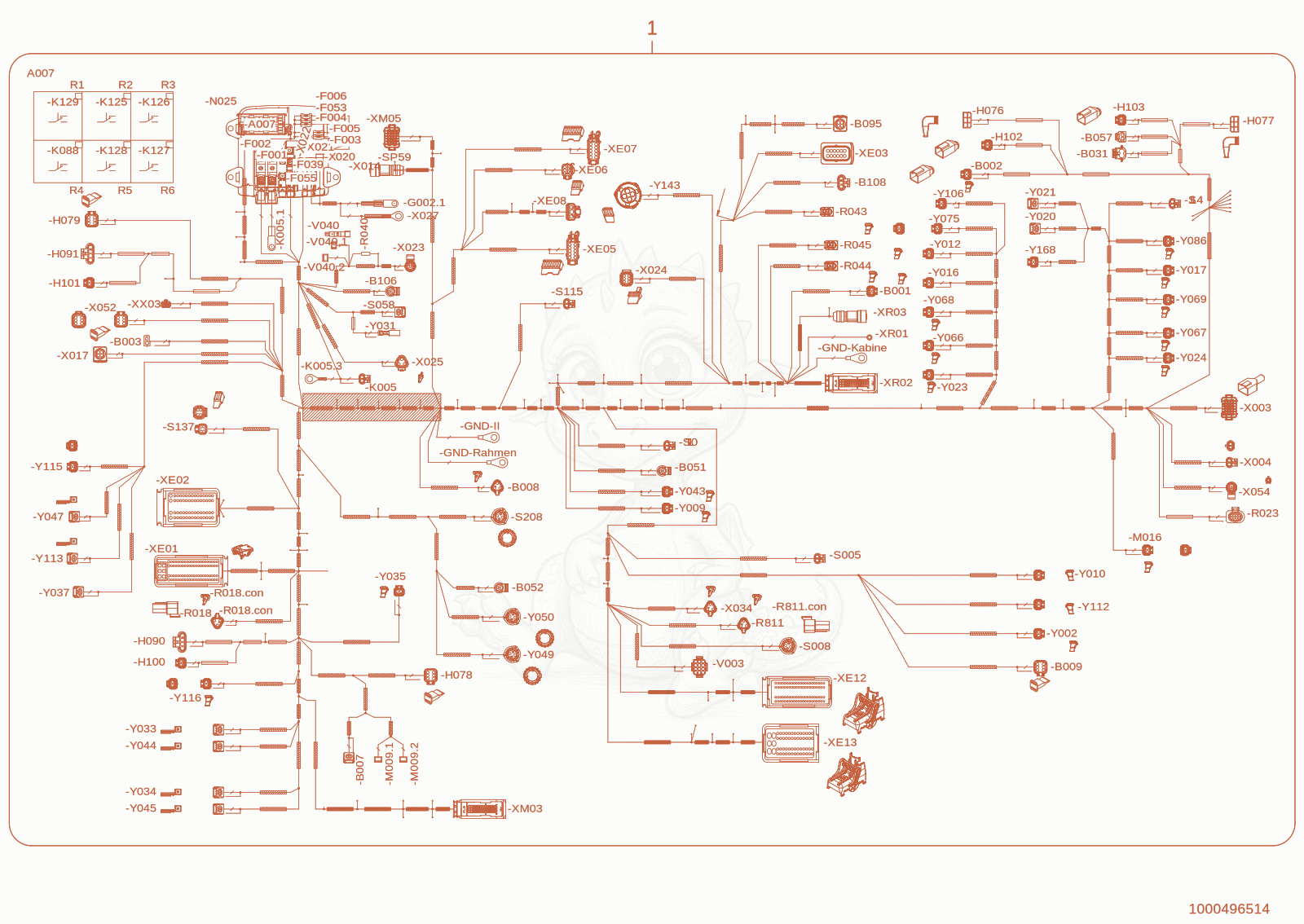 Exploded parts diagram of the wire harness frame of a Wacker Neuson WL95(R90-02), with numbered balloons