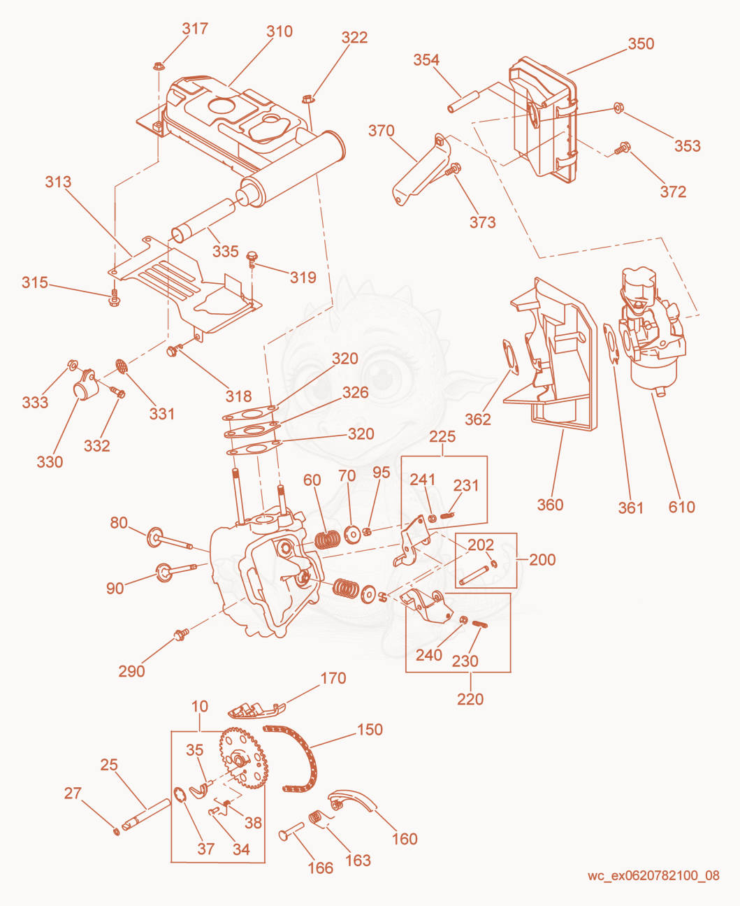 Exploded parts diagram of the Muffler/Intake/Exhaust Valves/Camshaft of a Wacker Neuson GPI4300, with numbered balloons