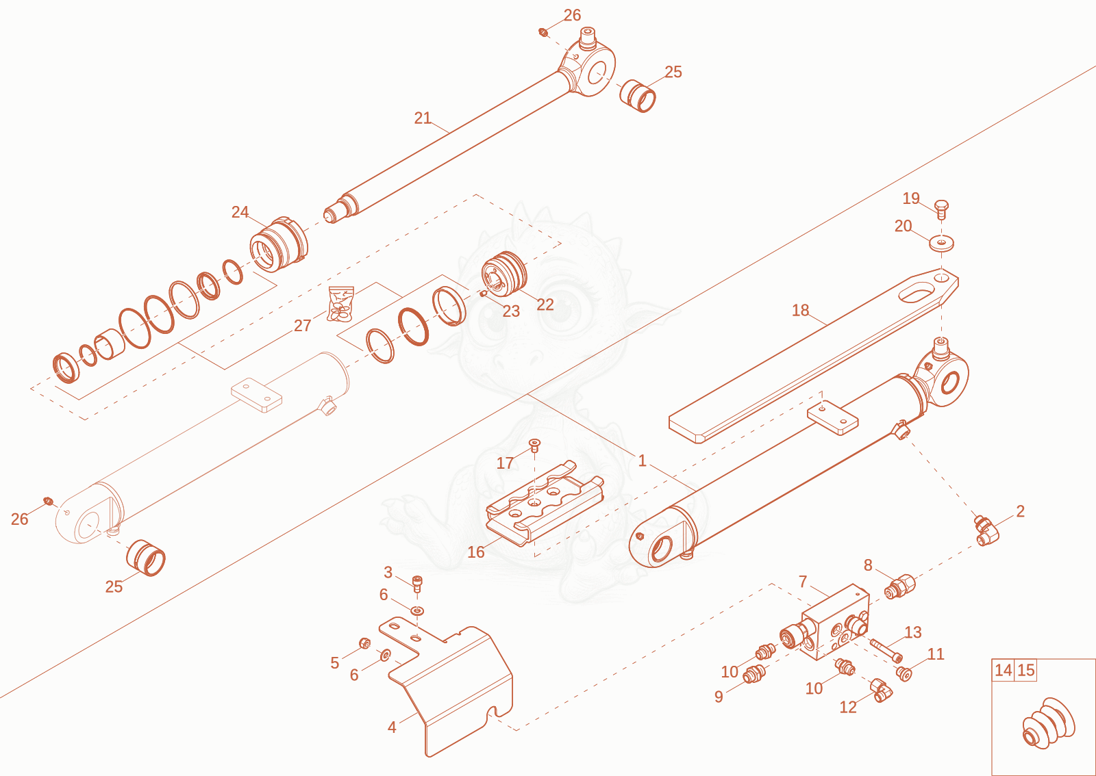 Exploded parts diagram of the DIPPER ARM CYLINDER of a Wacker Neuson ET18-2, with numbered balloons