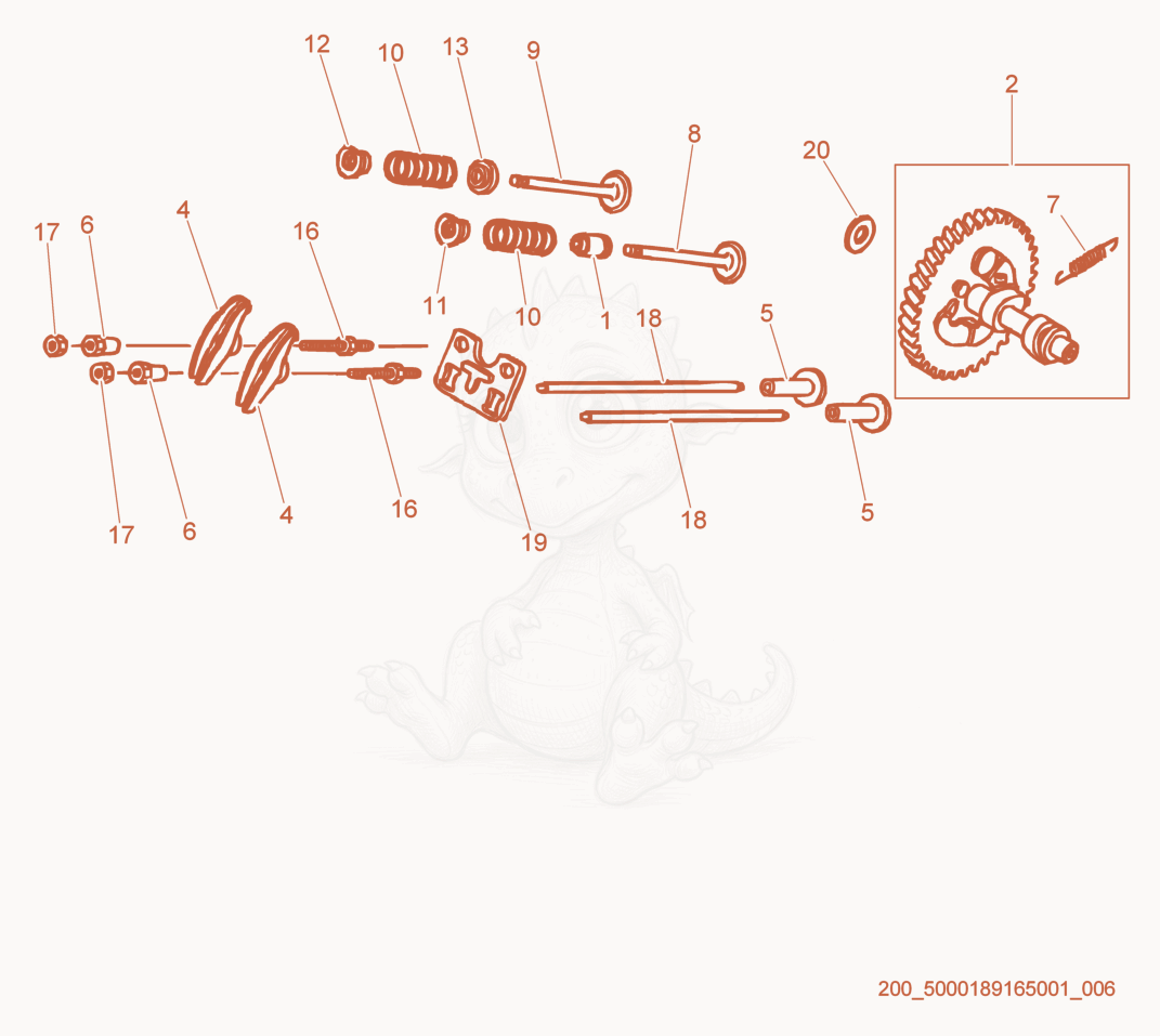Despiece del Camshaft de una máquina Wacker Neuson G7AI, con globos numerados