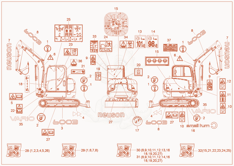 Exploded parts diagram of the sticker of a Wacker Neuson 6003, with numbered balloons