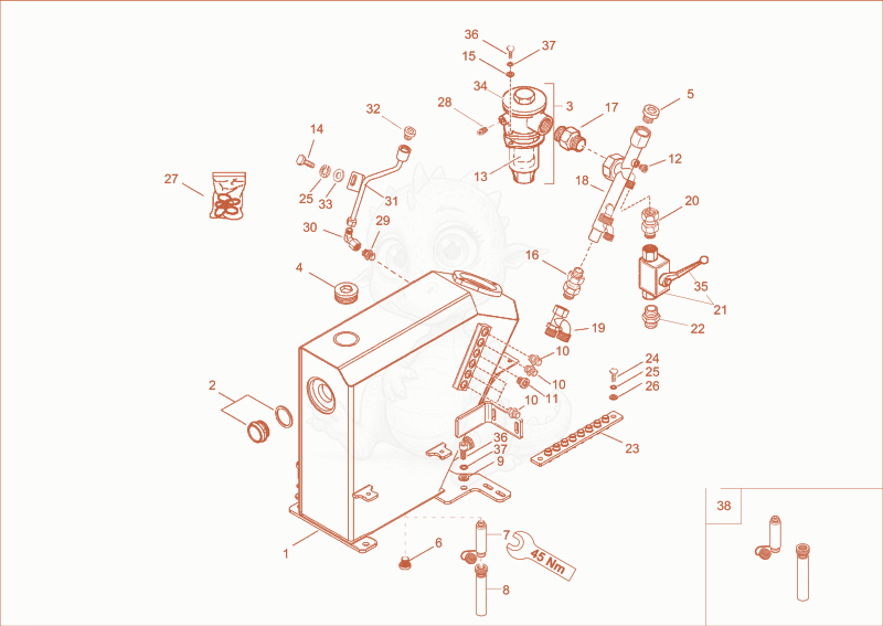 Exploded parts diagram of the hydraulic tank of a Wacker Neuson 1403RD, with numbered balloons