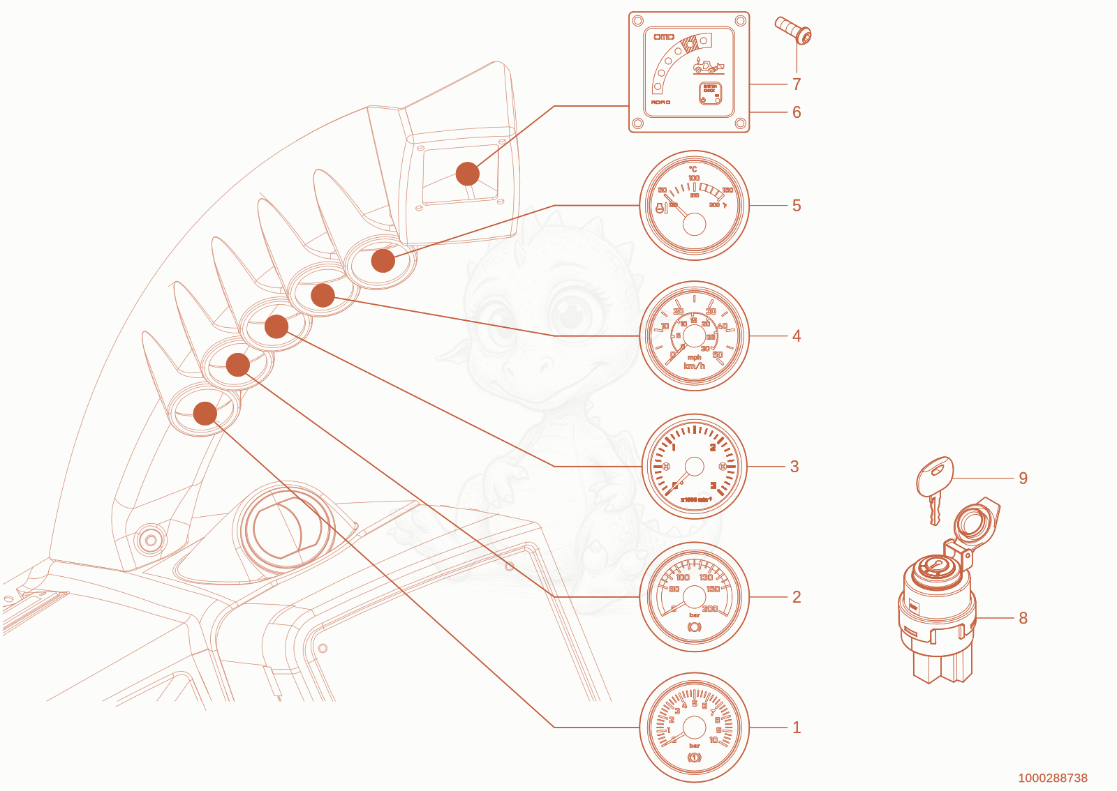 Exploded parts diagram of the indicator instrument of a Wacker Neuson TH955(416-06), with numbered balloons
