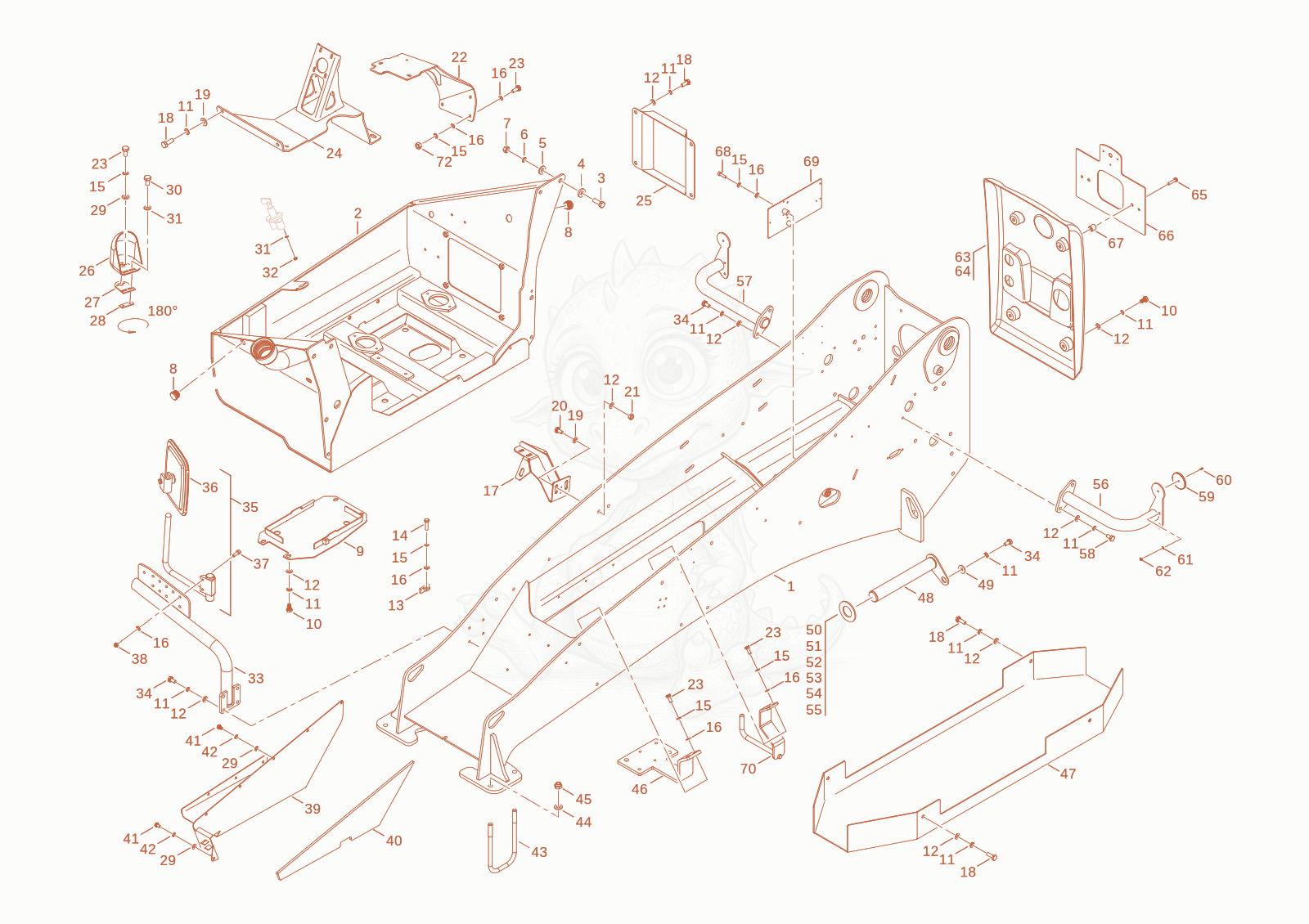 Exploded parts diagram of the frame of a Wacker Neuson TH412, with numbered balloons