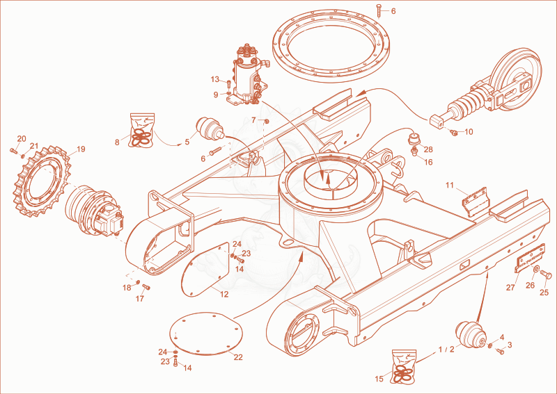 Exploded parts diagram of the TRACKLAYING GEAR (OPTION) of a Wacker Neuson EZ28, with numbered balloons