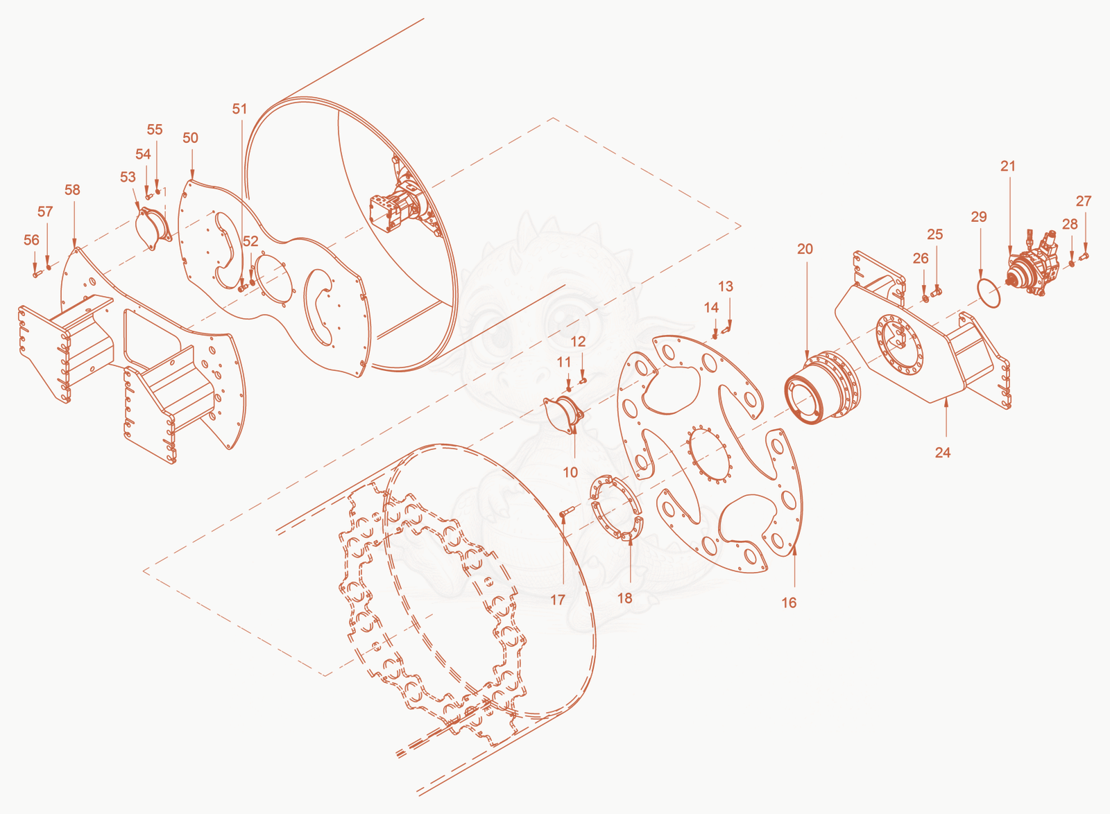 Exploded parts diagram of the mounting of a Wacker Neuson RC110, with numbered balloons