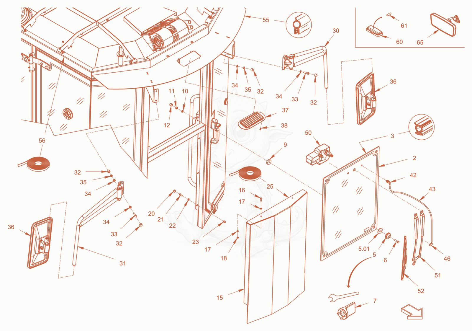 Exploded parts diagram of the driver's cabin of a Wacker Neuson RD40-130CUS, with numbered balloons