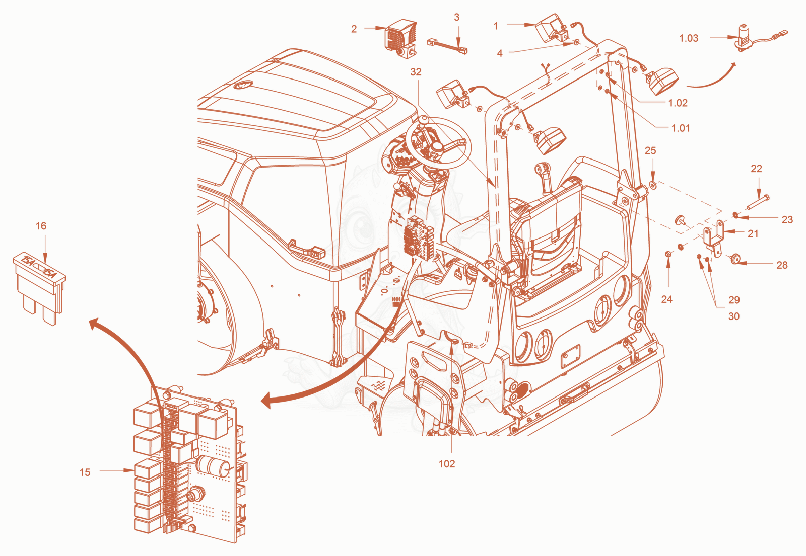Exploded parts diagram of the additional lighting, rops of a Wacker Neuson RD27-120C, with numbered balloons