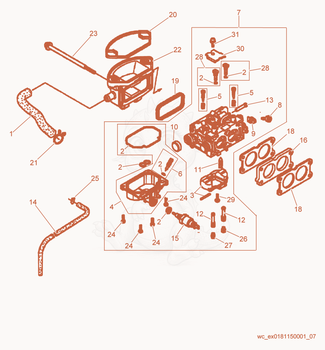 Despiece del Carburetor cpl. de una máquina Wacker Neuson RD12A-90, con globos numerados