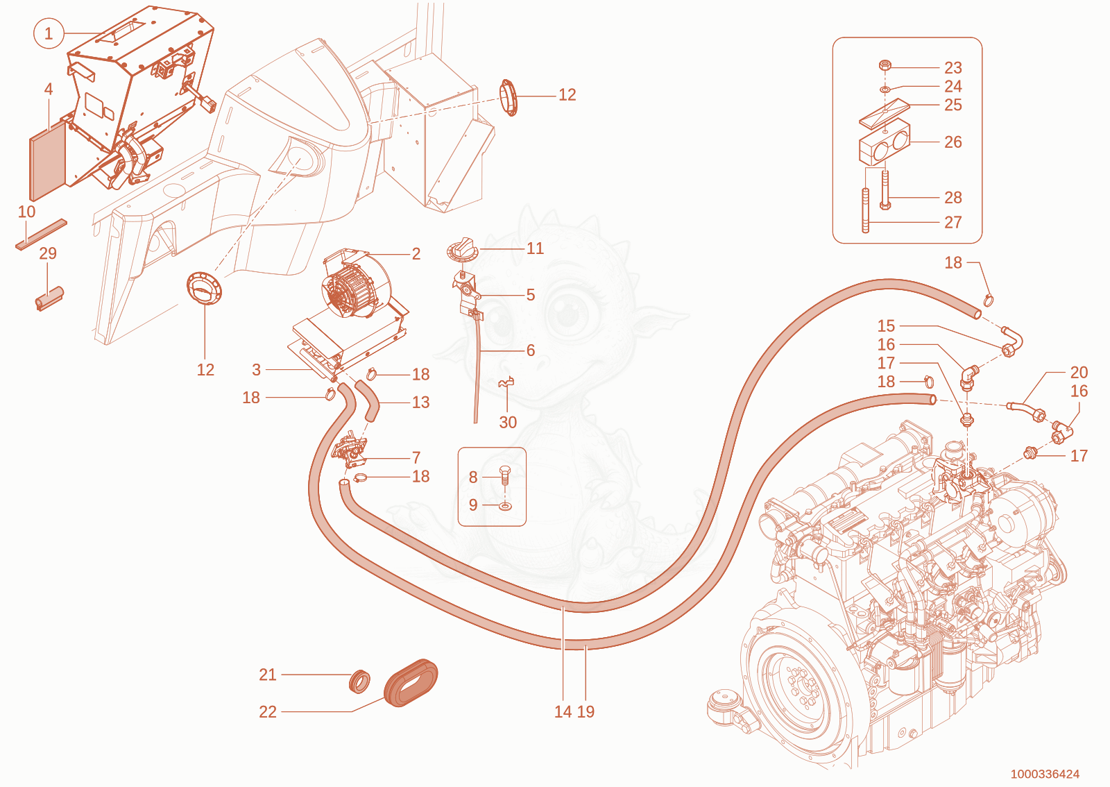 Exploded parts diagram of the heating of a Wacker Neuson 850, with numbered balloons