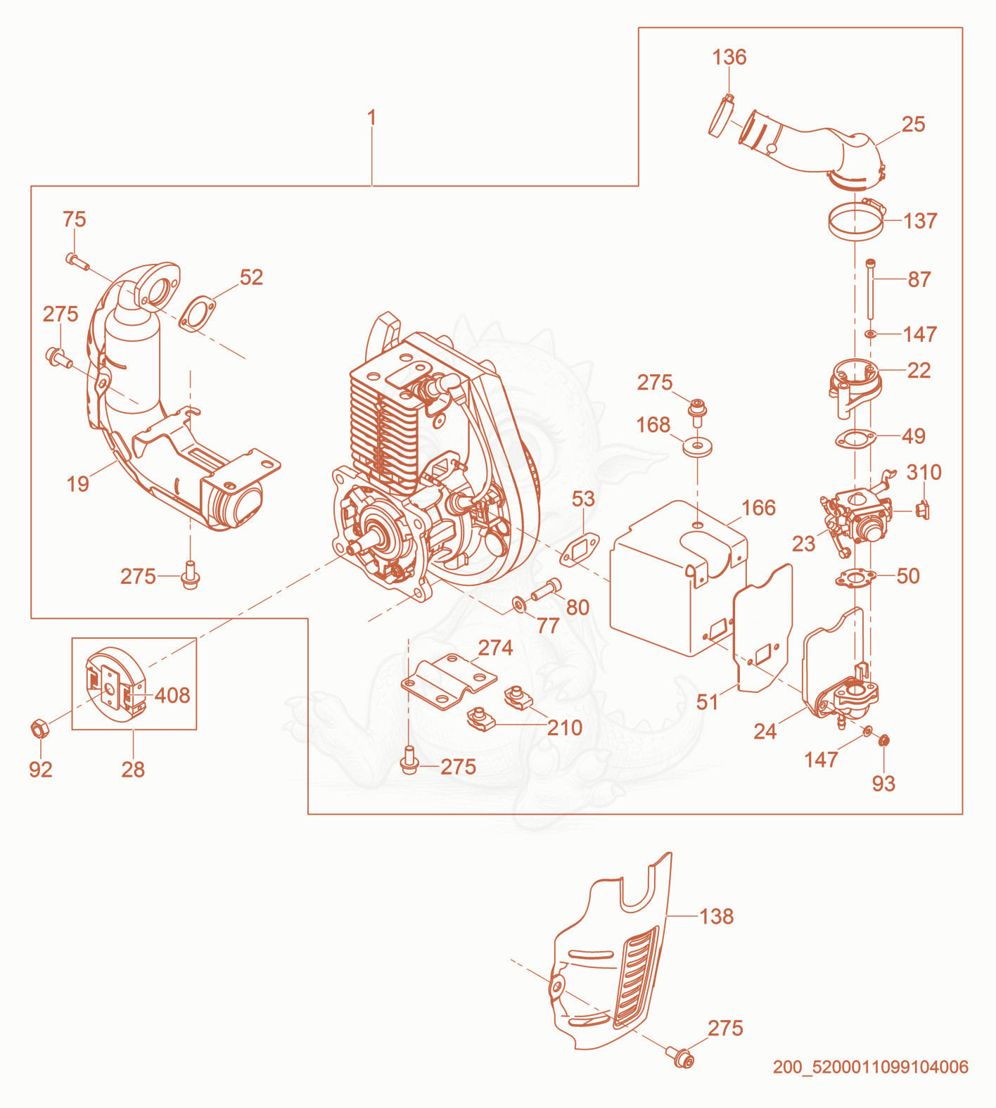 Exploded parts diagram of the Engine cpl. of a Wacker Neuson BS50-2I, with numbered balloons