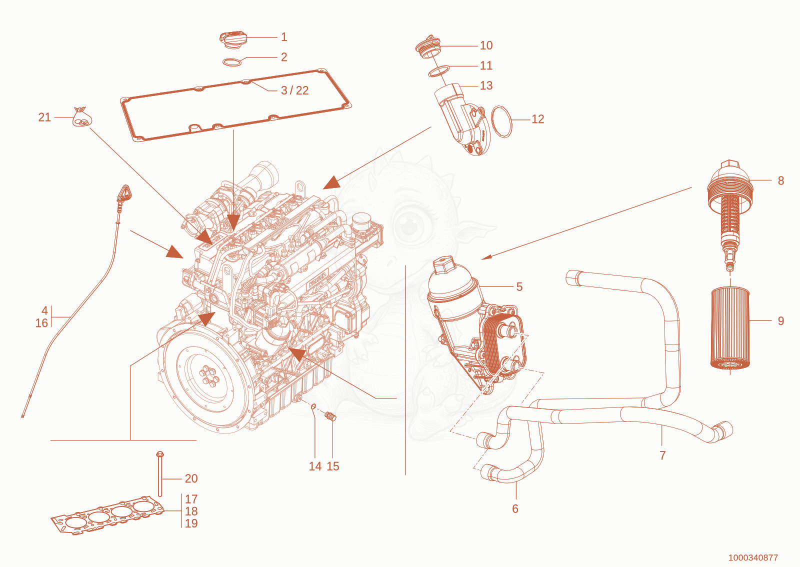Exploded parts diagram of the Engine lubrication of a Wacker Neuson TH627(418-02), with numbered balloons