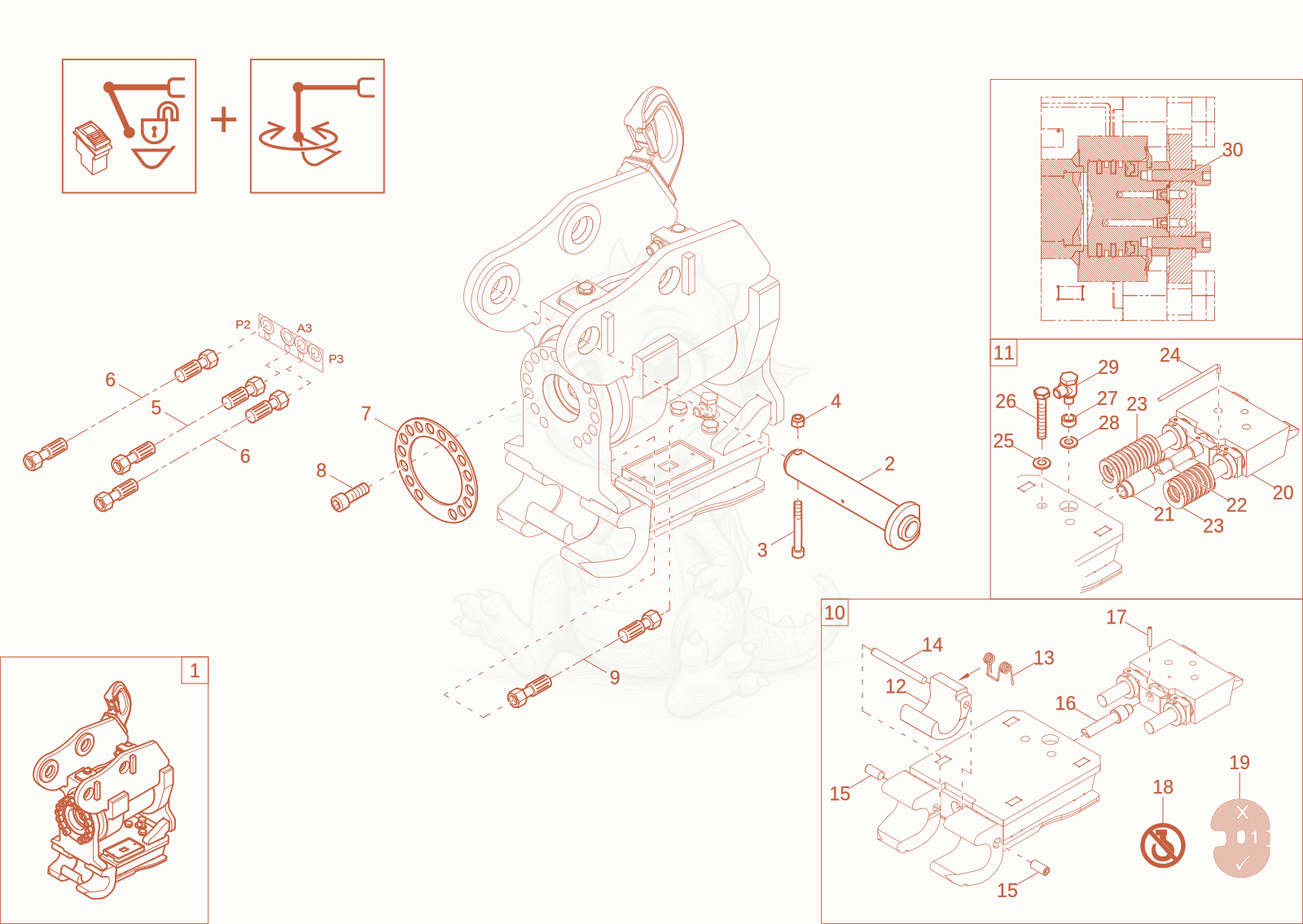 Exploded parts diagram of the HSWS Powertilt loading hook (option) of a Wacker Neuson ET20-2, with numbered balloons