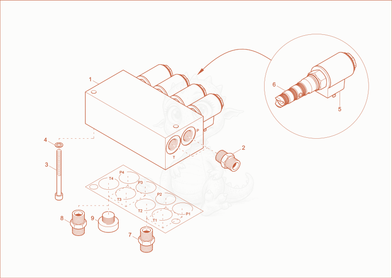 Exploded parts diagram of the valve block stabilizers of a Wacker Neuson EW100, with numbered balloons