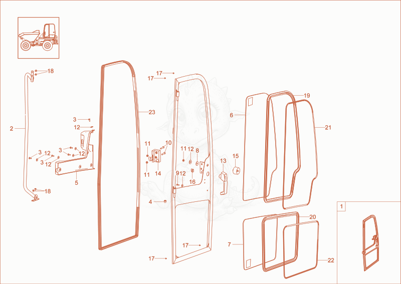 Exploded parts diagram of the CABIN DOOR right (Option) of a Wacker Neuson DW60-2, with numbered balloons
