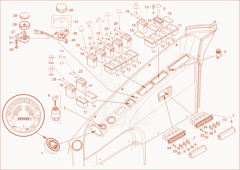 Exploded parts diagram of the instrument panel of a Wacker Neuson 14504, with numbered balloons