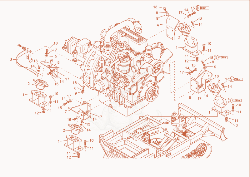 Exploded parts diagram of the Engine bedding of a Wacker Neuson 5001RDV, with numbered balloons