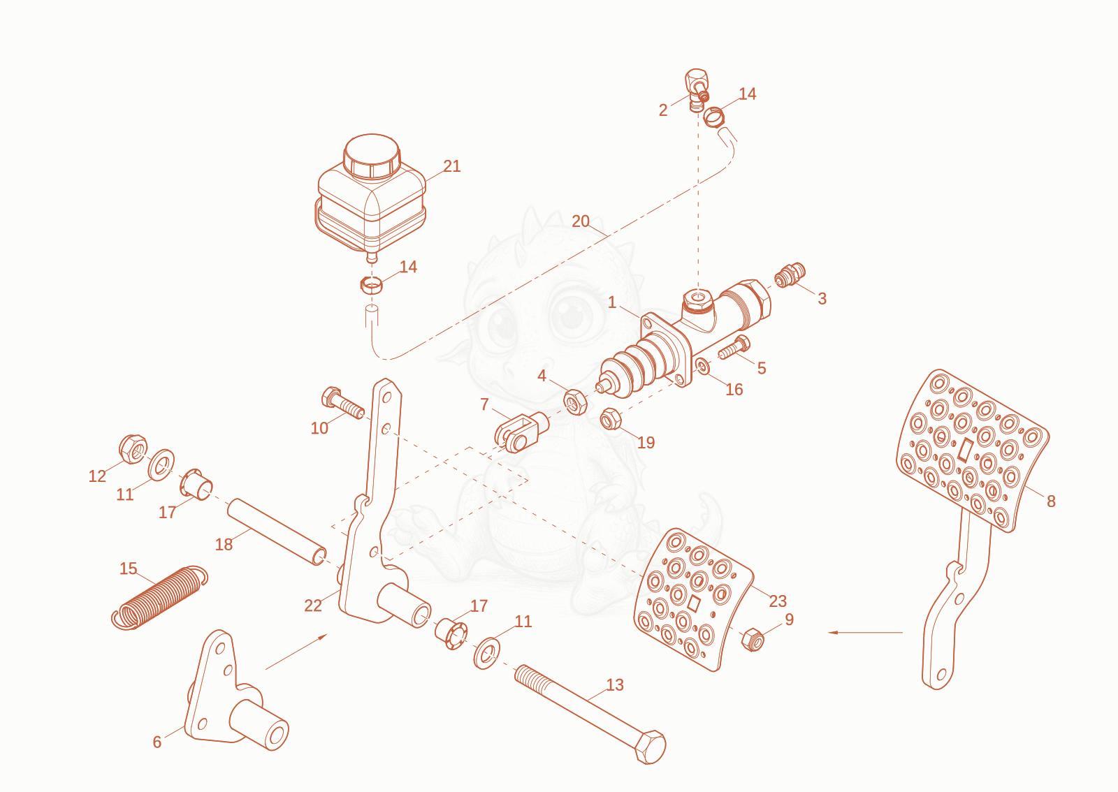 Exploded parts diagram of the FOOT BRAKE of a Wacker Neuson DW40-2, with numbered balloons