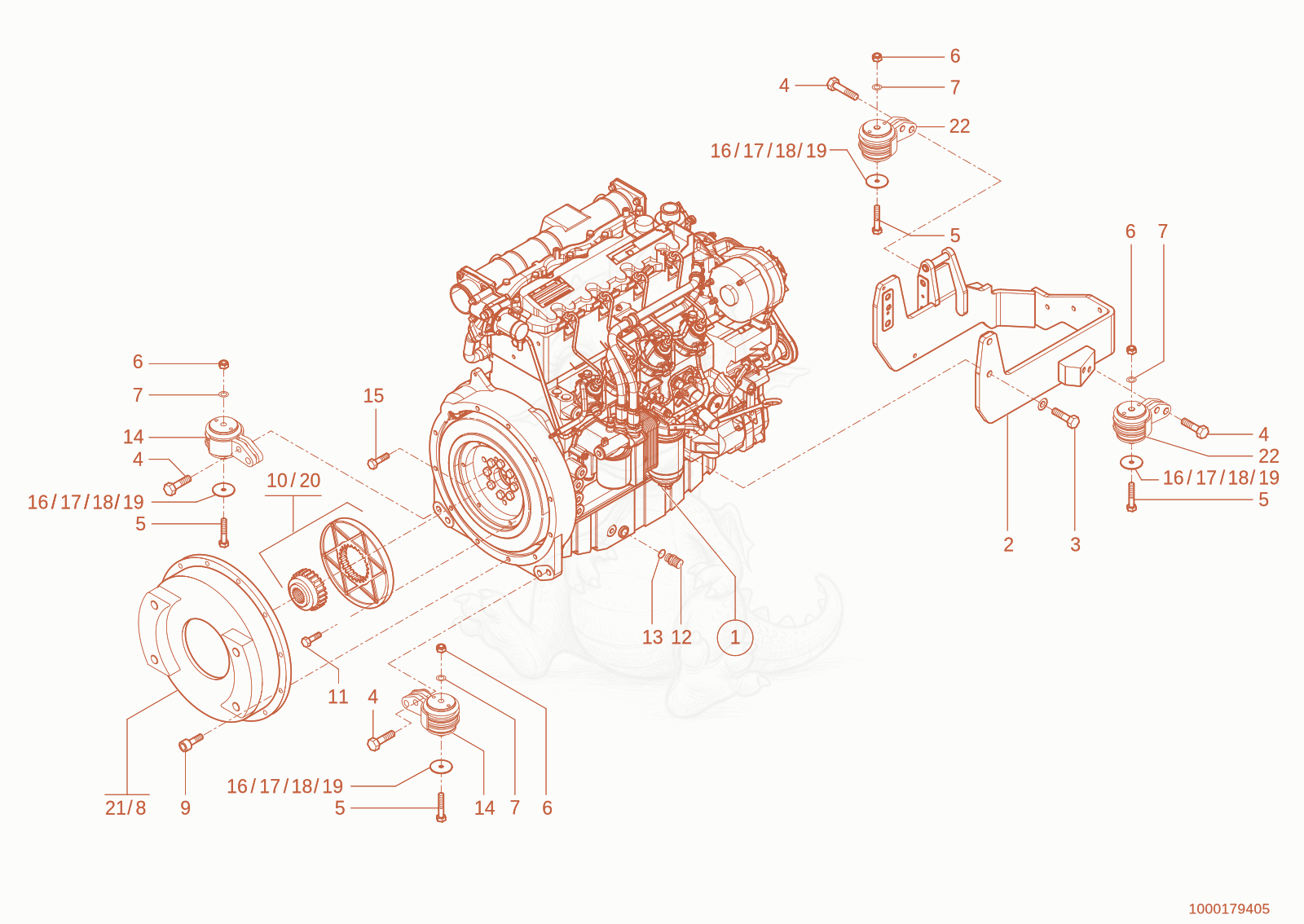 Despiece del Engine bedding de una máquina Wacker Neuson 850, con globos numerados
