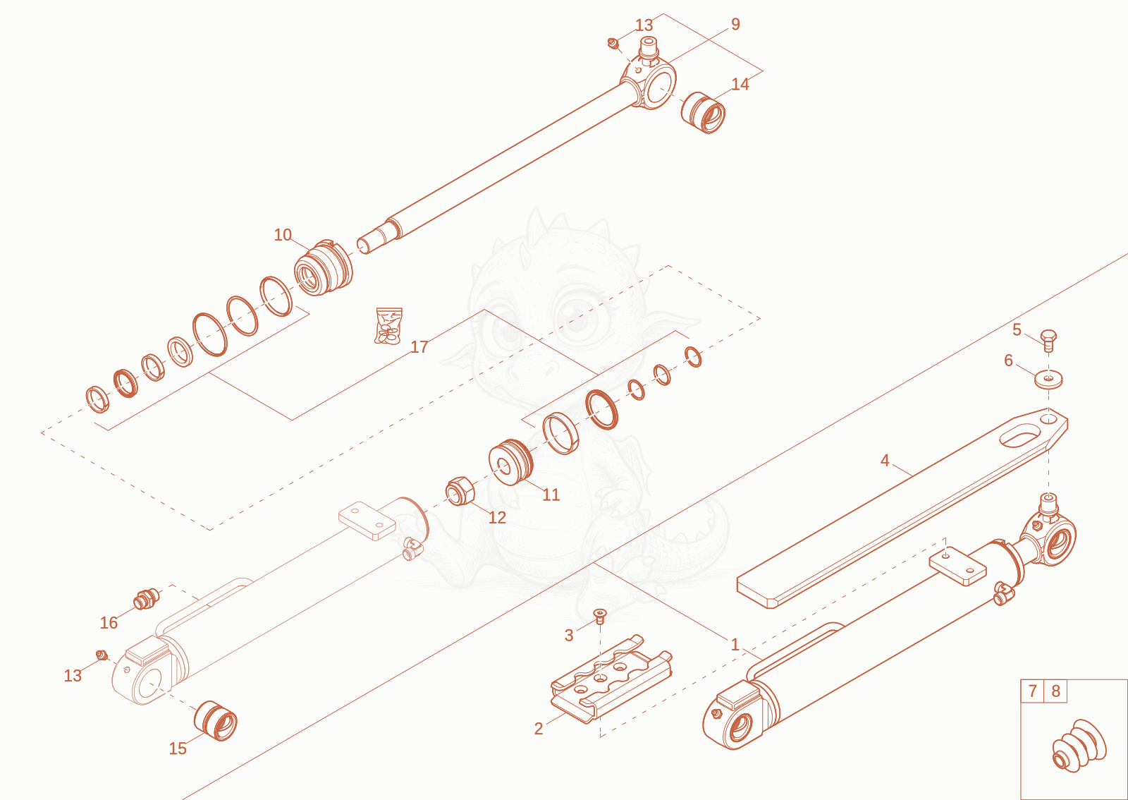 Exploded parts diagram of the bucket cylinder of a Wacker Neuson ET18-2, with numbered balloons