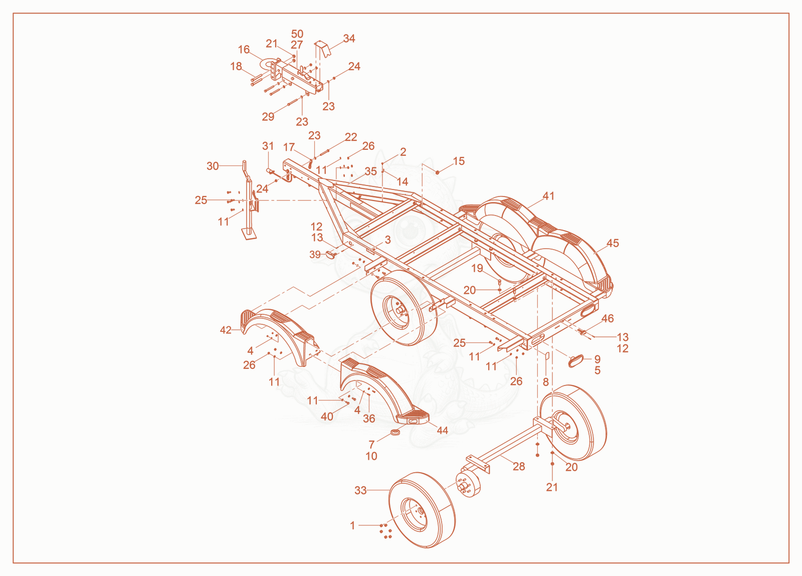 Exploded parts diagram of the Trailer Frame w/Surge Brake Tandem Axle of a Wacker Neuson MGT2SD, with numbered balloons