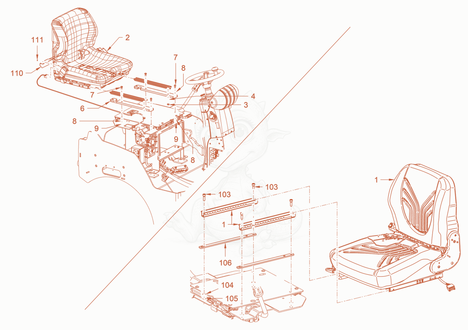 Exploded parts diagram of the operator's seat with adjustment of a Wacker Neuson RD24-100CDPF, with numbered balloons