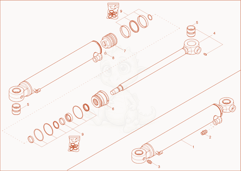 Exploded parts diagram of the boom offset cylinder of a Wacker Neuson 1404, with numbered balloons