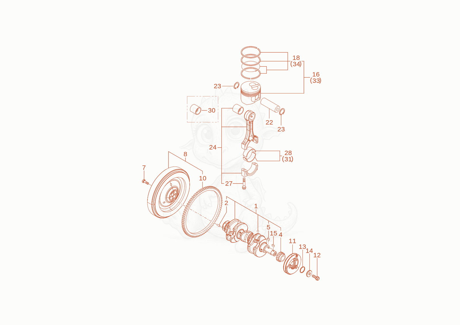 Exploded parts diagram of the crank shaft of a Wacker Neuson TH412(T01-01), with numbered balloons