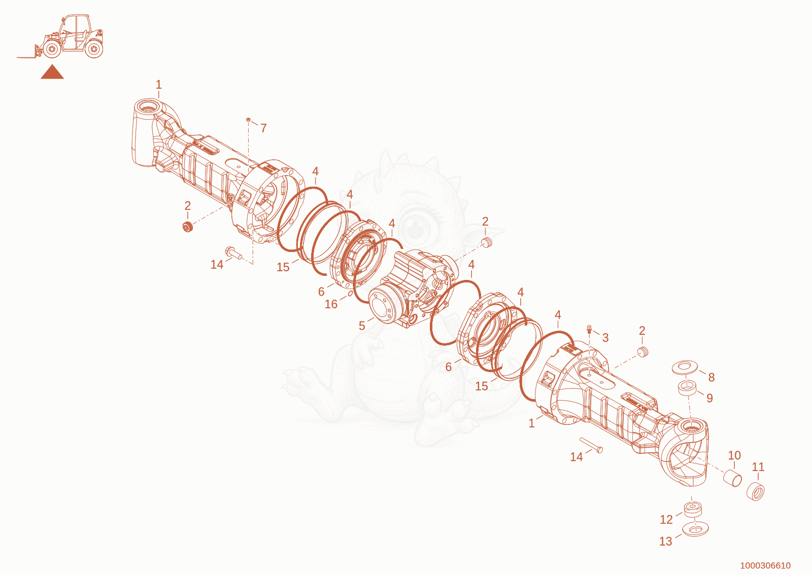 Exploded parts diagram of the axle pipe of a Wacker Neuson TH522(TL48-00), with numbered balloons
