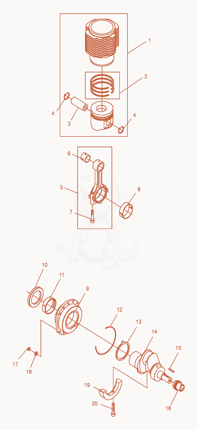 Despiece del Cylinder with Piston-Connecting Rod-Crankshaft de una máquina Wacker Neuson DPU6055, con globos numerados