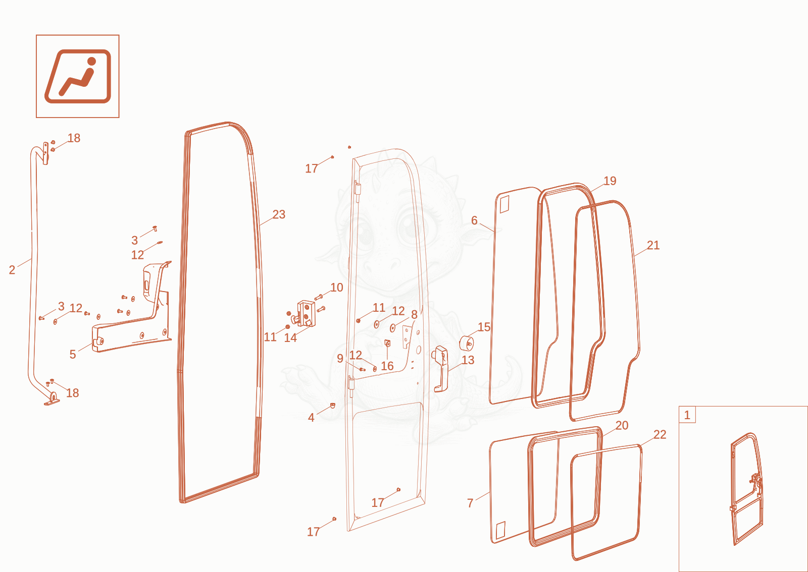 Exploded parts diagram of the CABIN DOOR right (Option) of a Wacker Neuson DW60-3, with numbered balloons