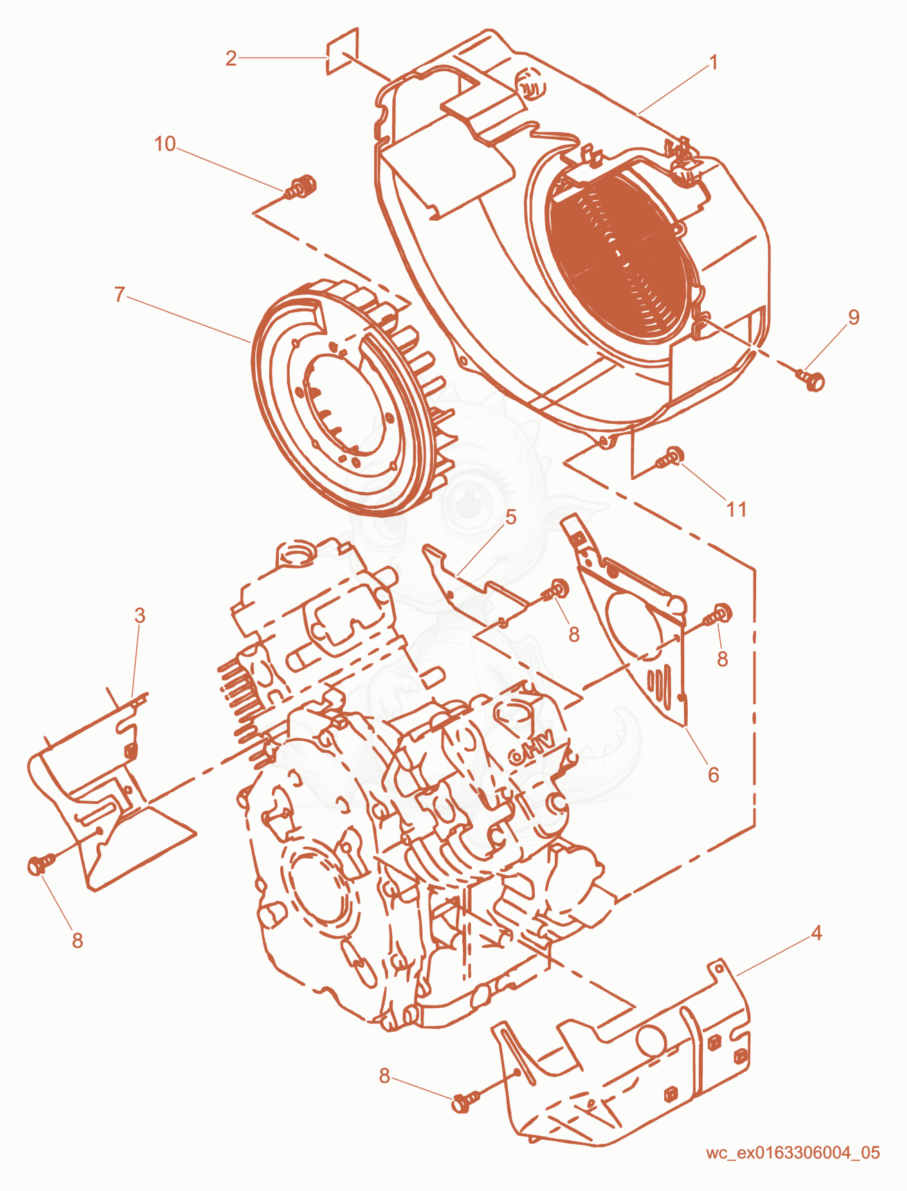 Despiece del Flywheel/Blower Housing de una máquina Wacker Neuson RD12-90, con globos numerados