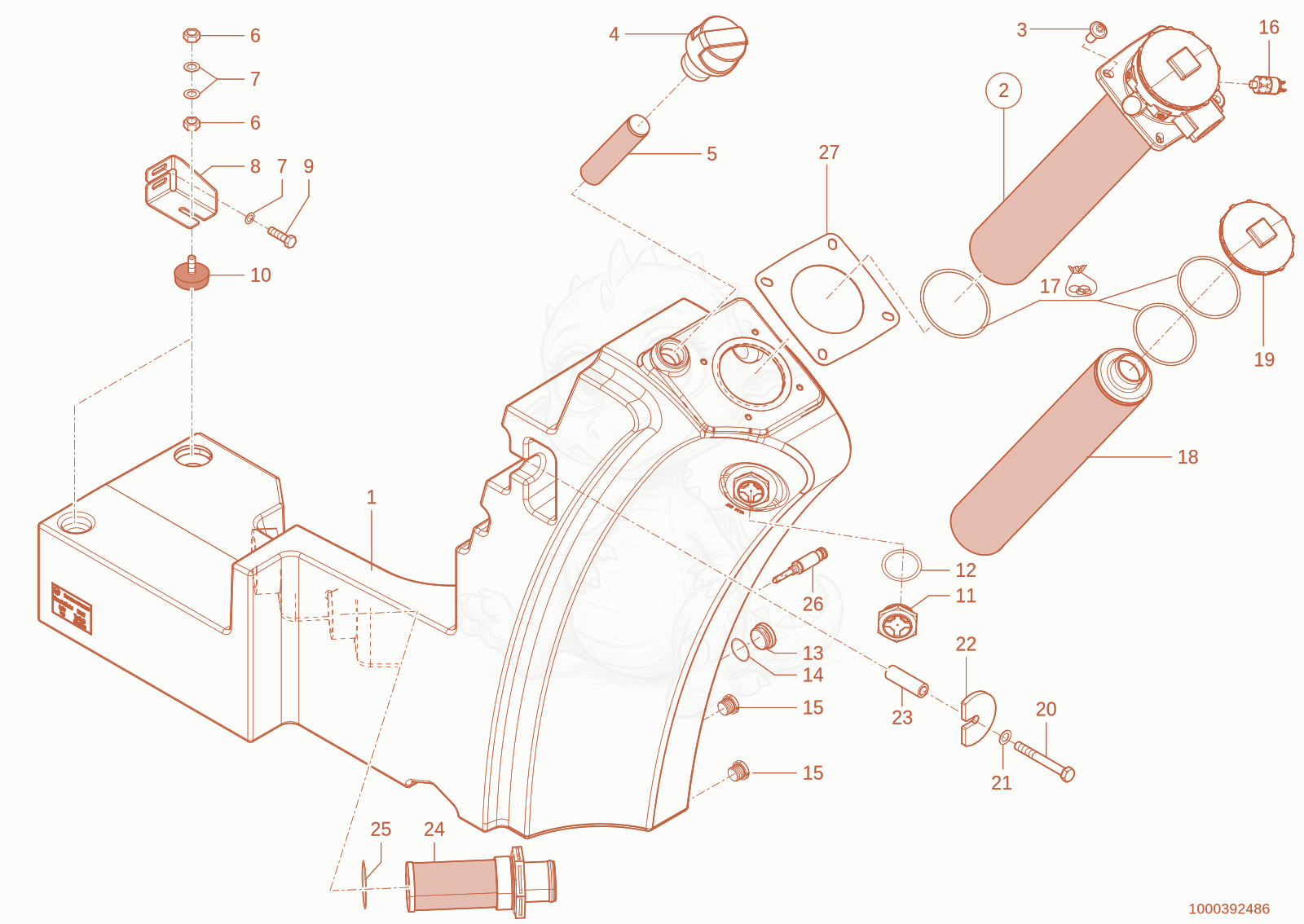 Exploded parts diagram of the oil tank of a Wacker Neuson TH730(415-24), with numbered balloons