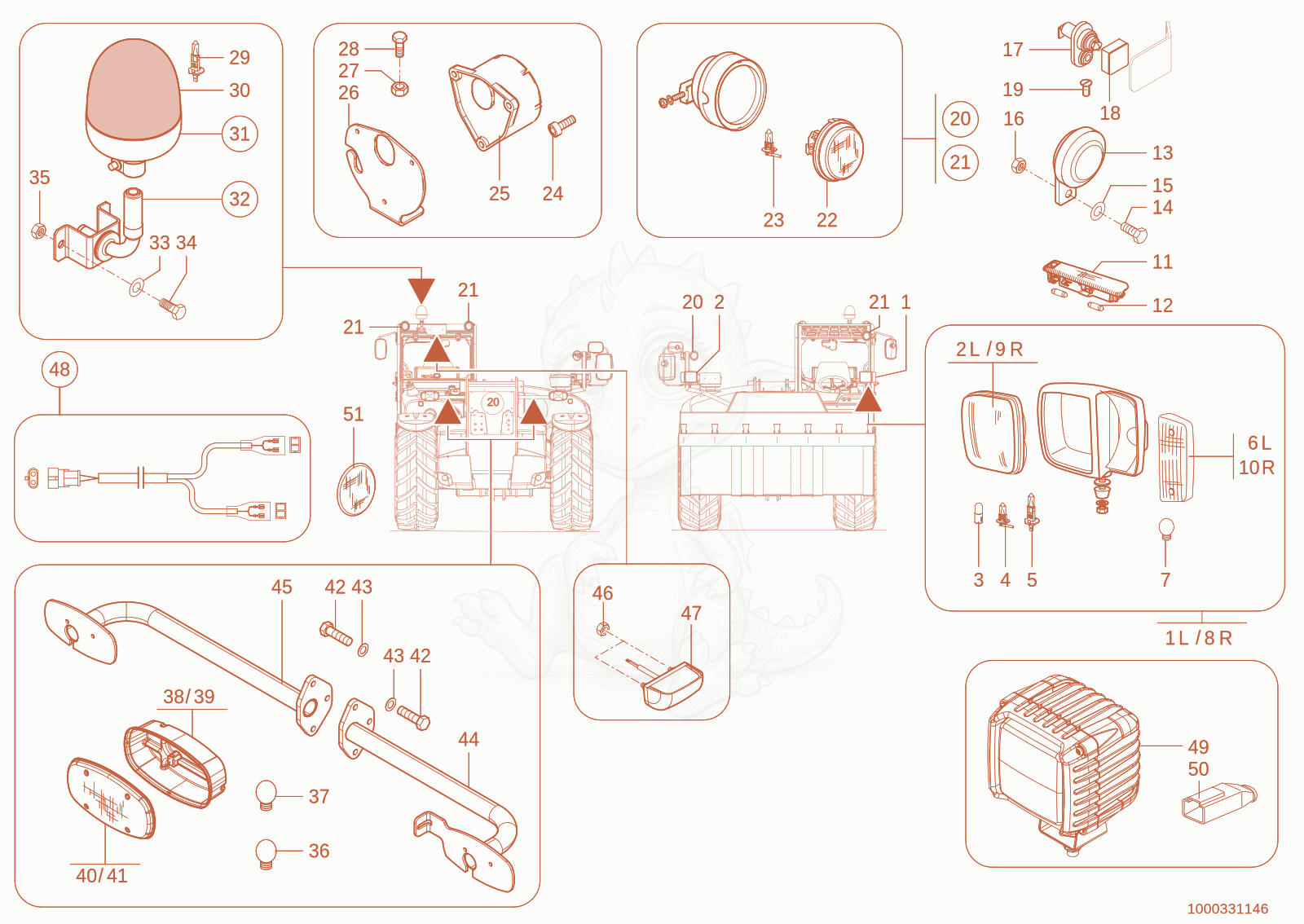 Exploded parts diagram of the lighting of a Wacker Neuson TH735(415-06), with numbered balloons