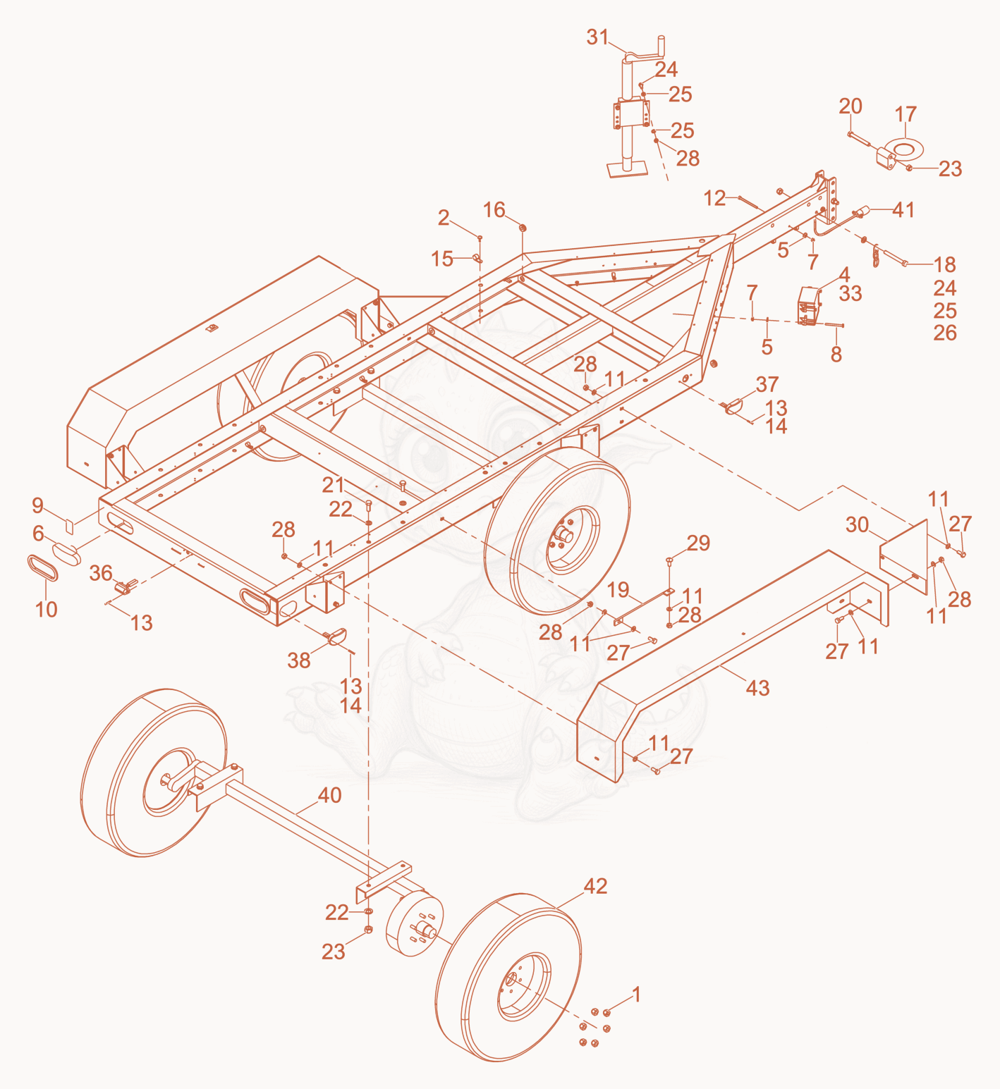 Exploded parts diagram of the Trailer Frame w/Electric Brake Tandem Axle of a Wacker Neuson G70, with numbered balloons