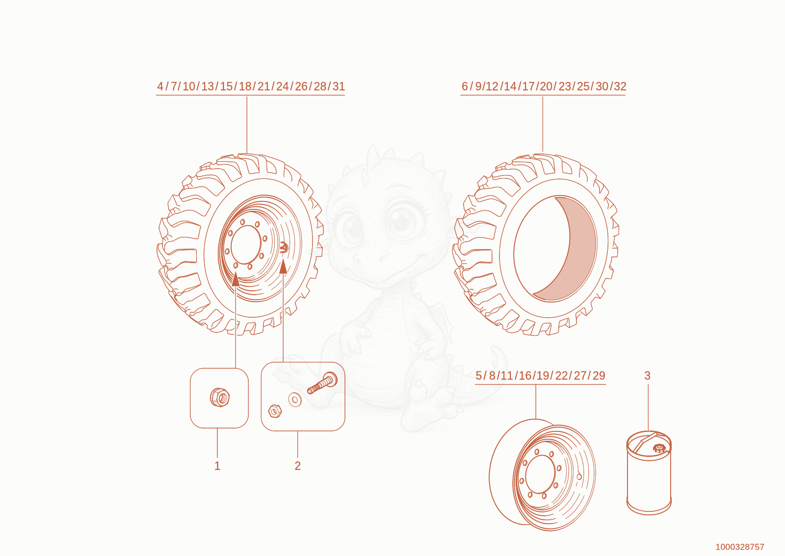 Exploded parts diagram of the WHEELS of a Wacker Neuson TH955(416-06), with numbered balloons